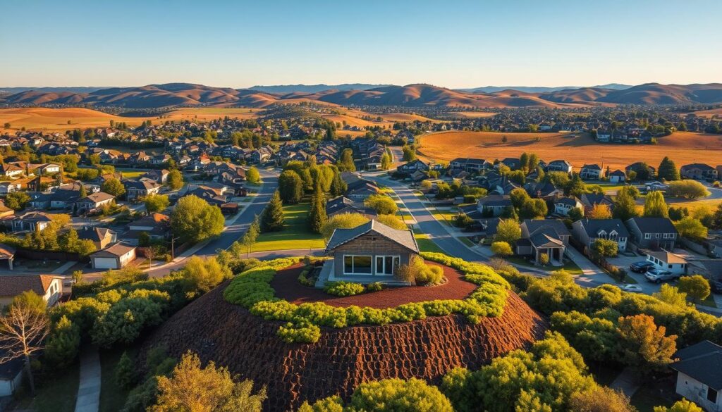 Zoning and soil considerations for compact homes: a meticulously detailed aerial view of a residential neighborhood showcasing lot sizes, setbacks, and soil quality indicators. The scene is illuminated by warm, natural sunlight, creating a sense of tranquility. In the foreground, a compact home sits atop a well-drained, fertile plot, with lush greenery surrounding it. The middle ground reveals the layout of the neighborhood, highlighting the varied lot sizes and zoning regulations that enable efficient use of land. In the background, rolling hills and a clear blue sky provide a serene backdrop, emphasizing the importance of site selection for tiny home living. Technical details include a wide-angle lens and a slightly elevated camera angle to capture the entirety of the scene.