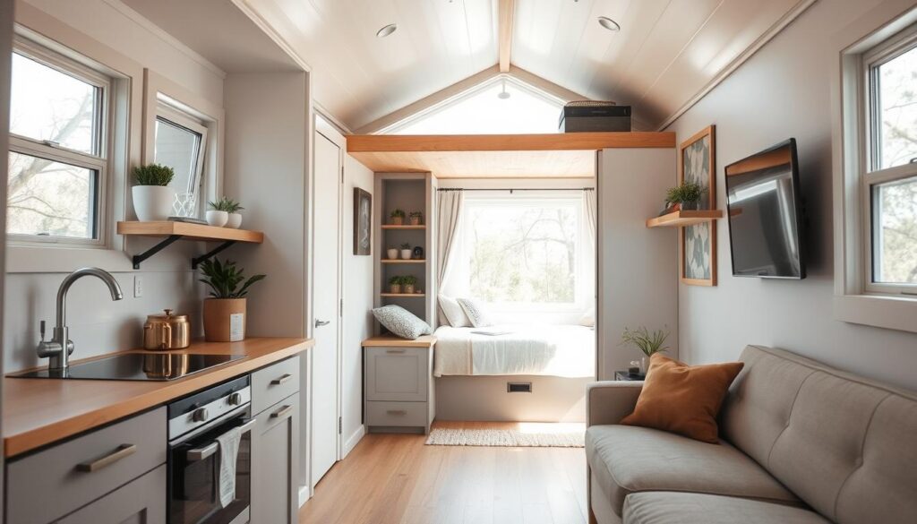 a cozy, minimalist interior of a tiny home, showcasing key design principles for optimized living space. in the foreground, a well-organized kitchenette with clean lines, efficient storage, and multifunctional furniture. in the middle ground, a comfortable sleeping nook with a built-in platform bed and concealed storage. the background features a bright, airy living area with a window that floods the space with natural light. the overall atmosphere is calm, serene, and inviting, emphasizing the harmonious blend of form and function in tiny home living. the image is captured with a wide-angle lens to highlight the spaciousness and flow of the compact layout. the lighting is soft and diffused, creating a warm, inviting ambiance.
