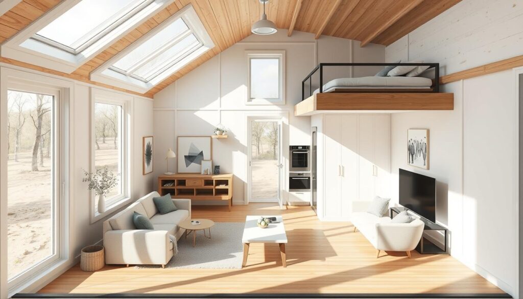 a detailed and efficient tiny house floor plan design, minimalist and modern aesthetic, bright and airy open-concept layout, large windows allowing natural light, compact and functional kitchen with modern appliances, dedicated living area with cozy furniture, loft bedroom with minimalist furnishings, wooden accents throughout, clean lines and geometric shapes, carefully considered storage solutions, high-quality building materials, precise attention to scale and proportions, subtle neutral color palette, precise camera angle showcasing the entire floor plan, photorealistic rendering with soft shadows and natural lighting