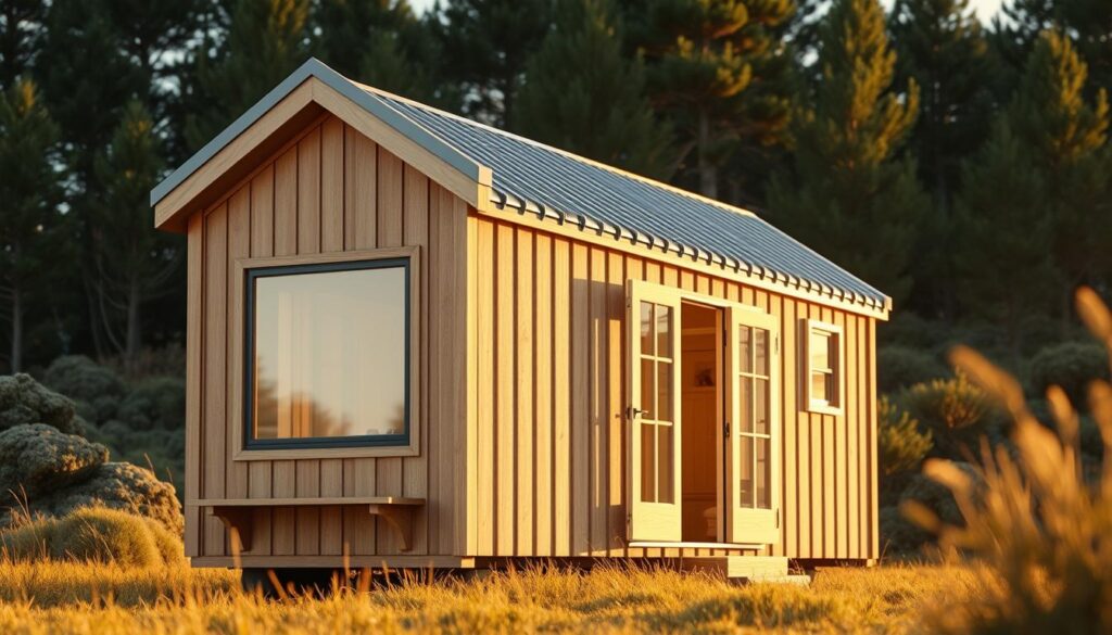 a detailed, photorealistic 3D rendering of a custom tiny home shell exterior design, seen from a low, slightly elevated angle, with a focus on the front and one side of the structure. The shell is a simple, rectangular shape with a gable roof, built with high-quality, durable materials like cedar wood and corrugated metal. The front features a large, panoramic window and a small, covered porch with a wooden bench. The side showcases a set of french doors leading to the interior. The scene is bathed in warm, golden afternoon sunlight, casting long shadows and creating a cozy, inviting atmosphere. The surrounding landscape is lush and natural, with tall trees and shrubs in the background, suggesting a peaceful, secluded setting.