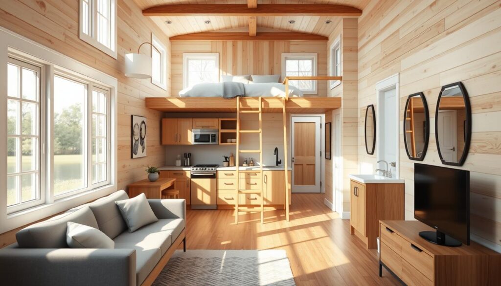 a highly detailed and photorealistic 3D rendering of the interior layout of a customizable tiny house, showcasing various modular and flexible design elements. The scene is brightly lit with soft, natural lighting from large windows, accentuating the modern, minimalist aesthetic. The foreground features a multipurpose living space with a comfortable sofa, a compact kitchen with sleek appliances, and a workspace area. The middle ground displays a loft sleeping space accessible by a wooden ladder, and the background reveals a bathroom with a minimalist vanity and shower. The overall atmosphere is one of spaciousness, versatility, and thoughtful design, inviting the viewer to imagine the myriad ways this tiny house could be personalized to suit diverse lifestyles.