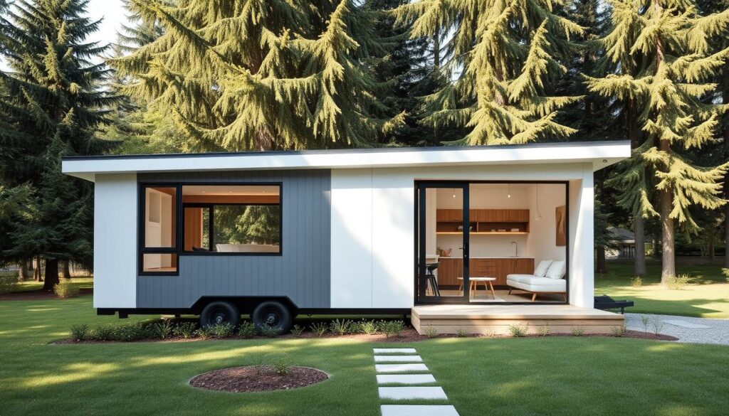 a minimalist, modern tiny house with a customizable floor plan, open concept layout, and sleek, contemporary design. The house is situated in a lush, natural setting with tall evergreen trees in the background and a small, well-manicured yard in the foreground. The exterior features clean lines, large windows that let in abundant natural light, and a neutral color palette of whites, grays, and natural wood tones. The interior is bright and airy, with an emphasis on flexible and modular furnishings that can be easily rearranged to suit the homeowner's needs and preferences. The overall mood is one of simplicity, comfort, and a strong connection to the surrounding environment.
