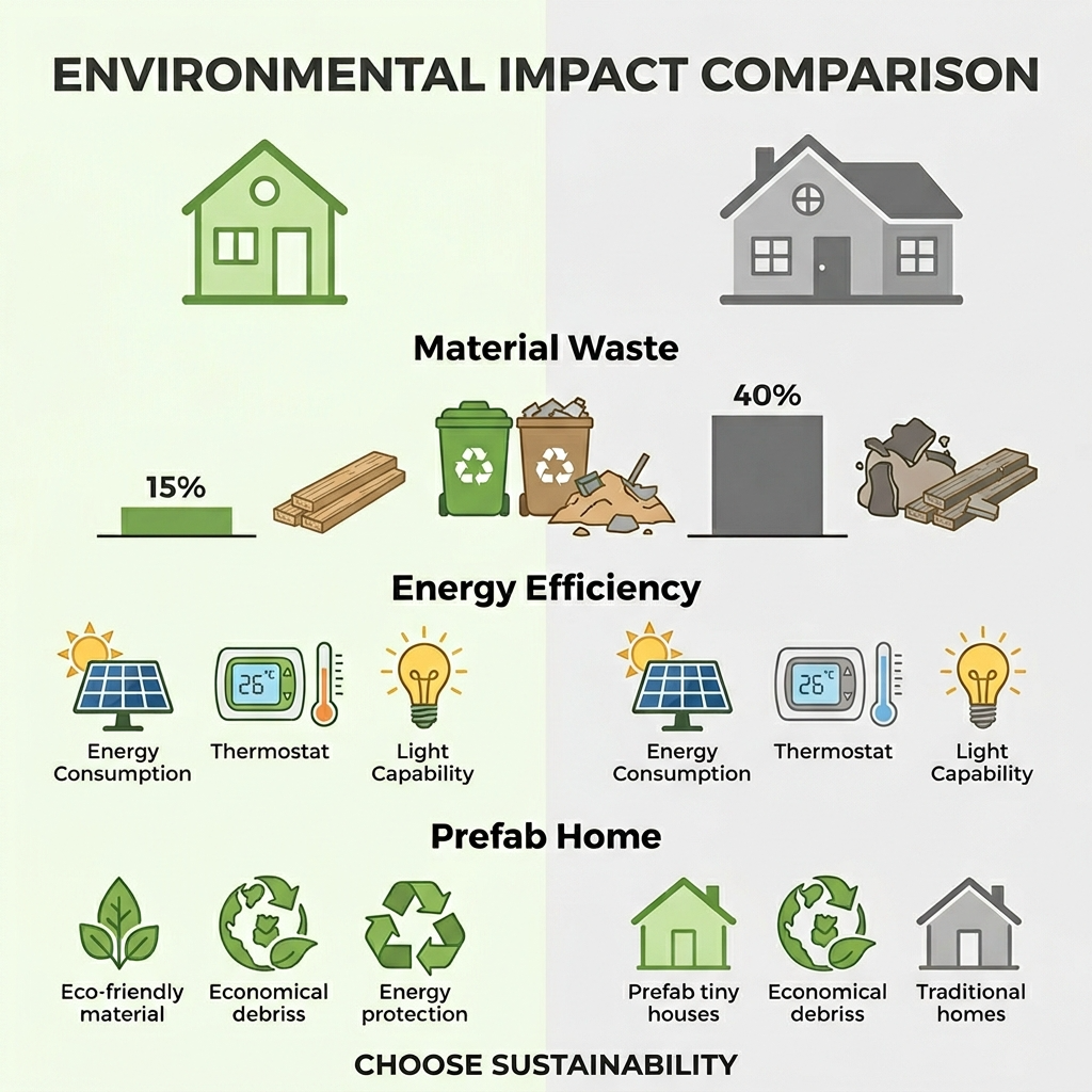 Infographic comparing environmental benefits of prefab tiny houses to traditional homes.