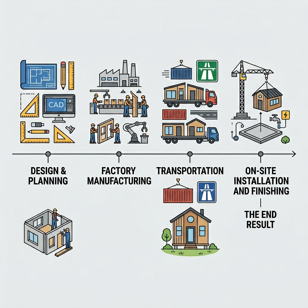 Infographic of prefab tiny house construction process from design to assembly.