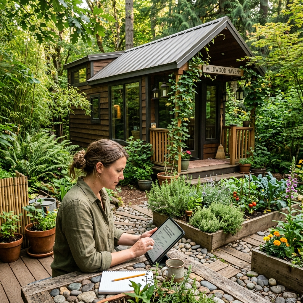 Tiny house surrounded by greenery with zoning laws on a tablet.