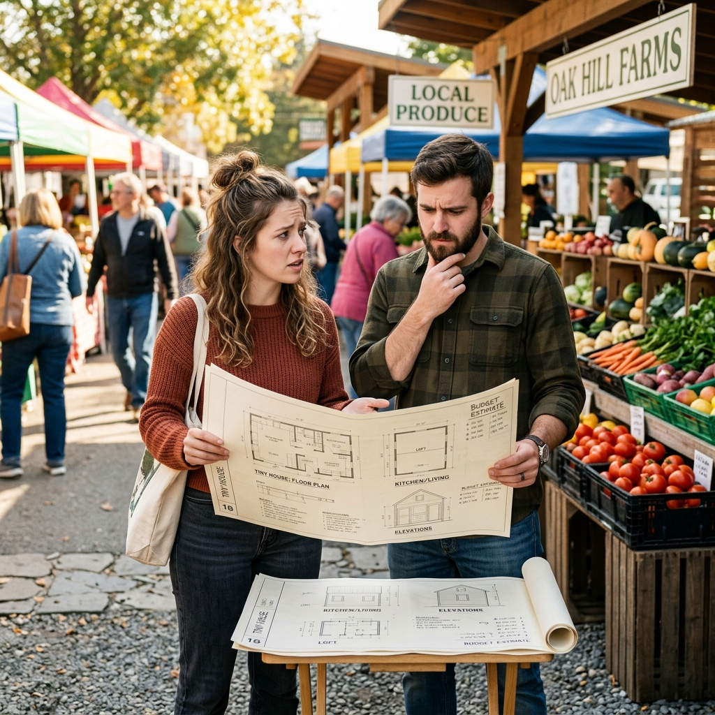 Couple at farmers' market holding tiny house blueprints, discussing loan challenges.
