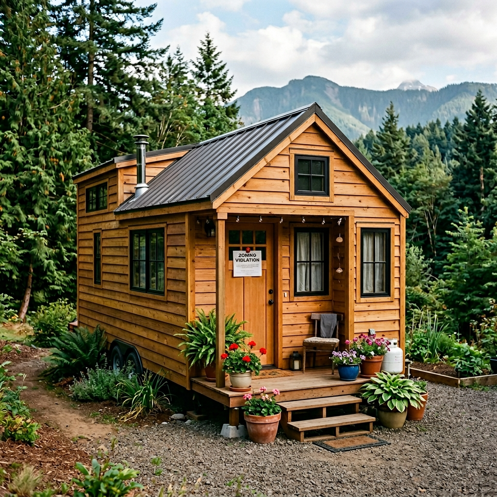 Tiny house parked in Portland with zoning violation notice on the door.