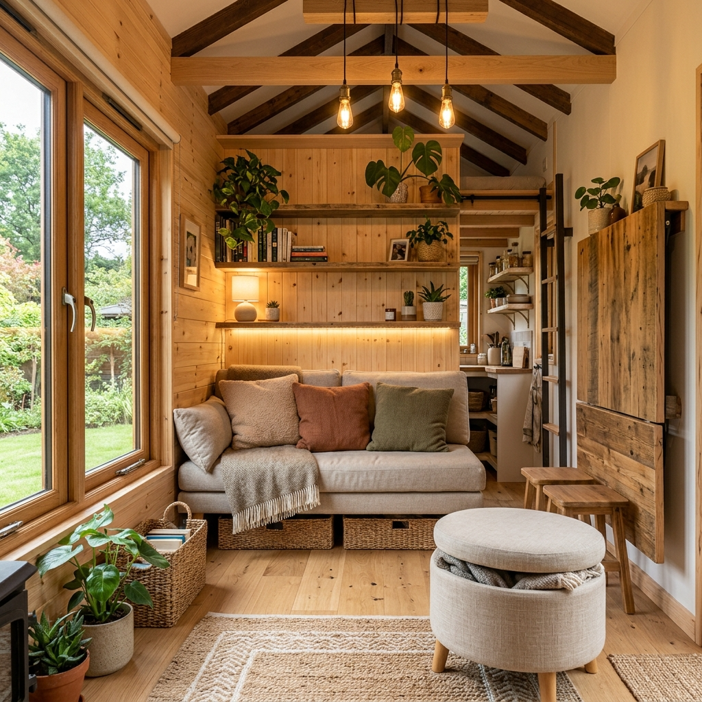 Tiny house interior with multi-functional furniture for space optimization.