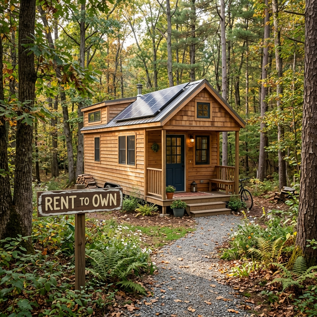 Tiny house with a Rent to Own sign in a wooded area, showcasing natural materials and solar panels.