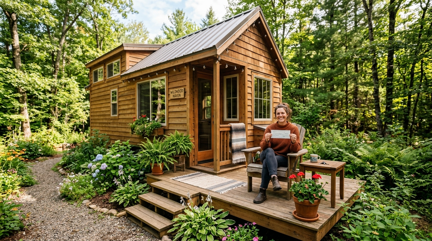 Person on tiny house porch holding rent check, surrounded by greenery.