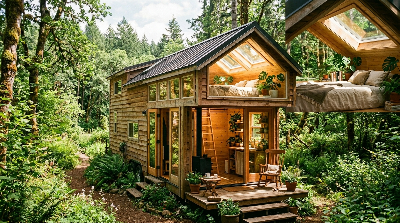 Cozy tiny house with sunlit loft surrounded by nature, reflecting minimalist living dreams.