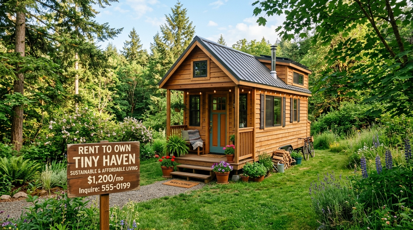 Tiny house with Rent to Own sign in a green setting, highlighting affordable homeownership.