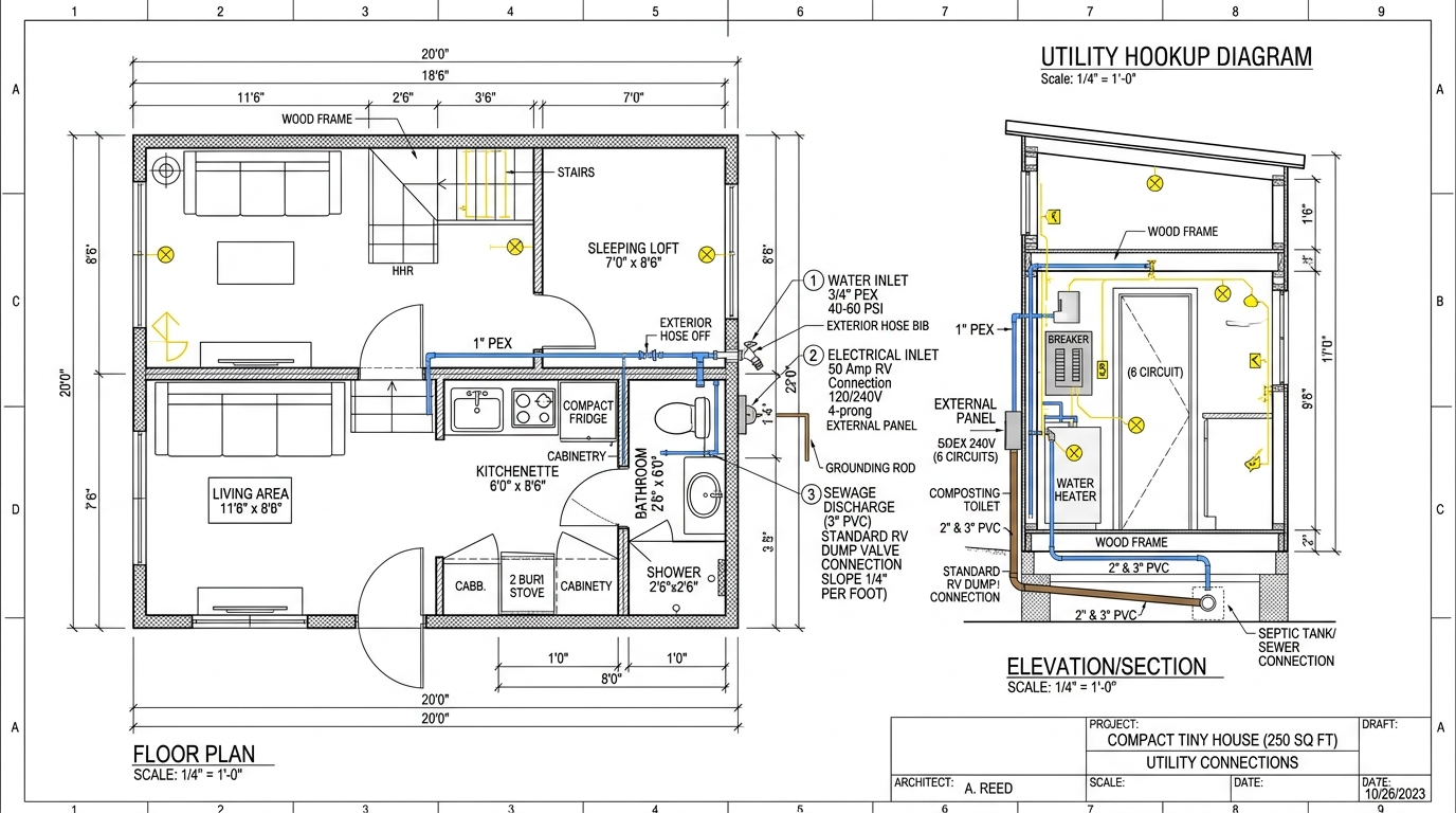 An architectural blueprint showcasing the utility hookup requirements for a compact home, with a detailed schematic displaying the placement and connections of electrical, plumbing, and ventilation systems. The scene is rendered in a technical, engineering-focused style with muted colors, clean lines, and precise measurements. The layout is presented from an overhead perspective, allowing for a comprehensive understanding of the infrastructure needed to power and service a small-scale residential structure. The prompt aims to provide a visually informative and technically accurate representation to support the article's discussion on zoning regulations for tiny houses.