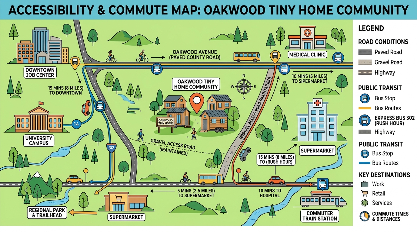 Map showing accessibility features for a tiny house plot.