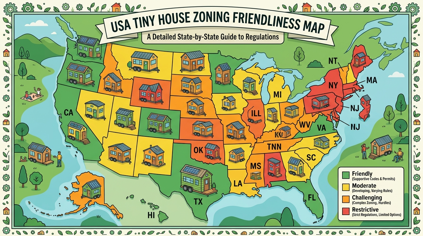 A detailed map of the United States, with each state represented as a compact, meticulously designed miniature model. The models are arranged in a grid, showcasing the diverse zoning regulations across the country. The models are rendered with a minimalist, architectural aesthetic, highlighting the variations in size, density, and layout restrictions for compact homes. The lighting is soft and diffused, creating a sense of contemplation and analysis. The camera angle is slightly elevated, allowing the viewer to take in the full scope of the zoning landscape. The overall mood is one of informative exploration, inviting the viewer to delve into the nuances of state-by-state zoning regulations for tiny houses.