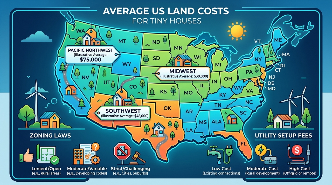 Map of U.S. showing regional average land costs for tiny houses with zoning and utility fee icons.