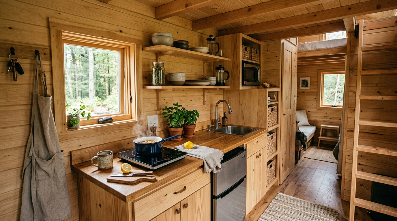 Minimalist tiny house kitchen with single-burner stove and compact appliances.