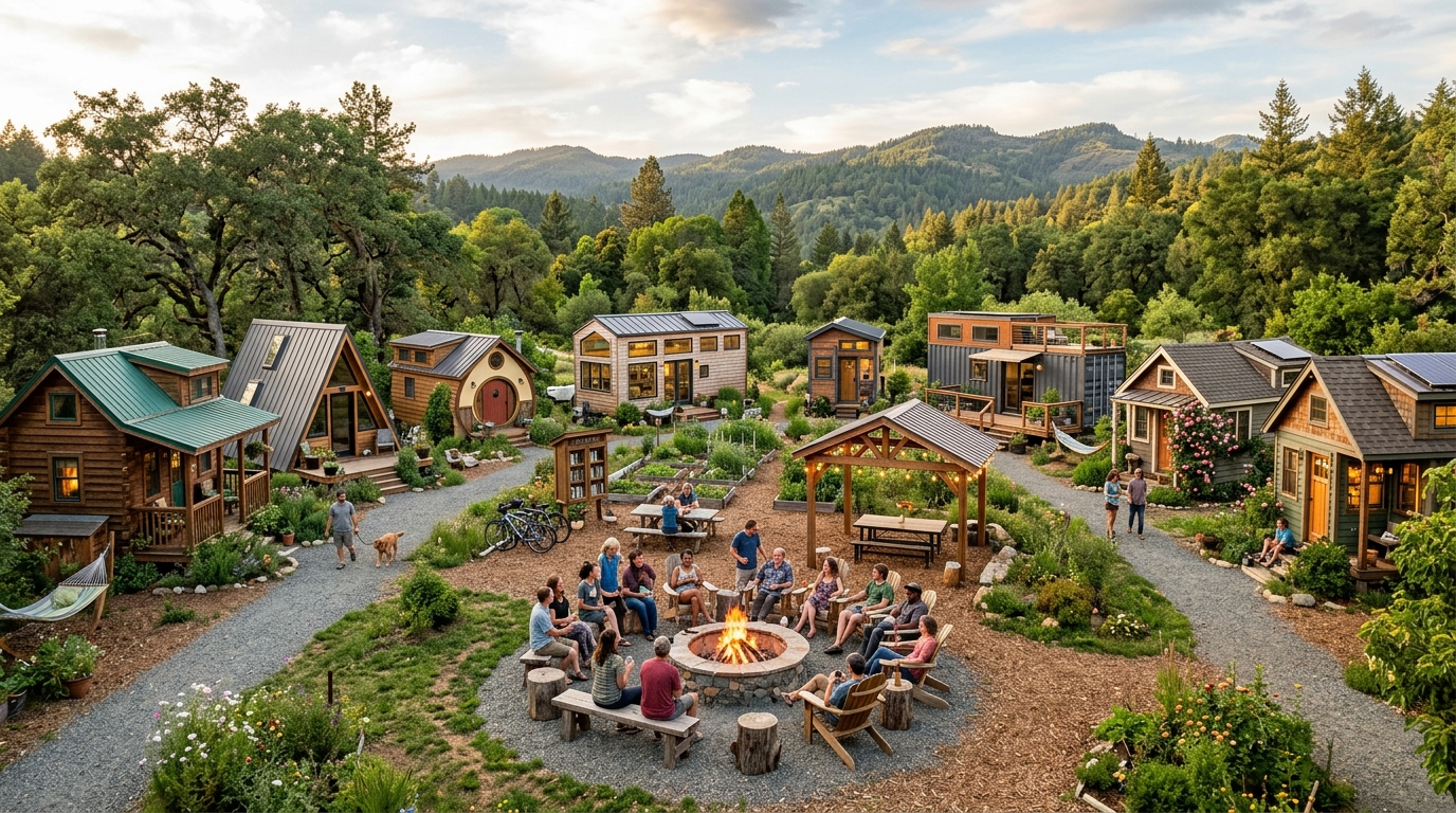 Tiny house community with unique designs and a central communal area surrounded by greenery.