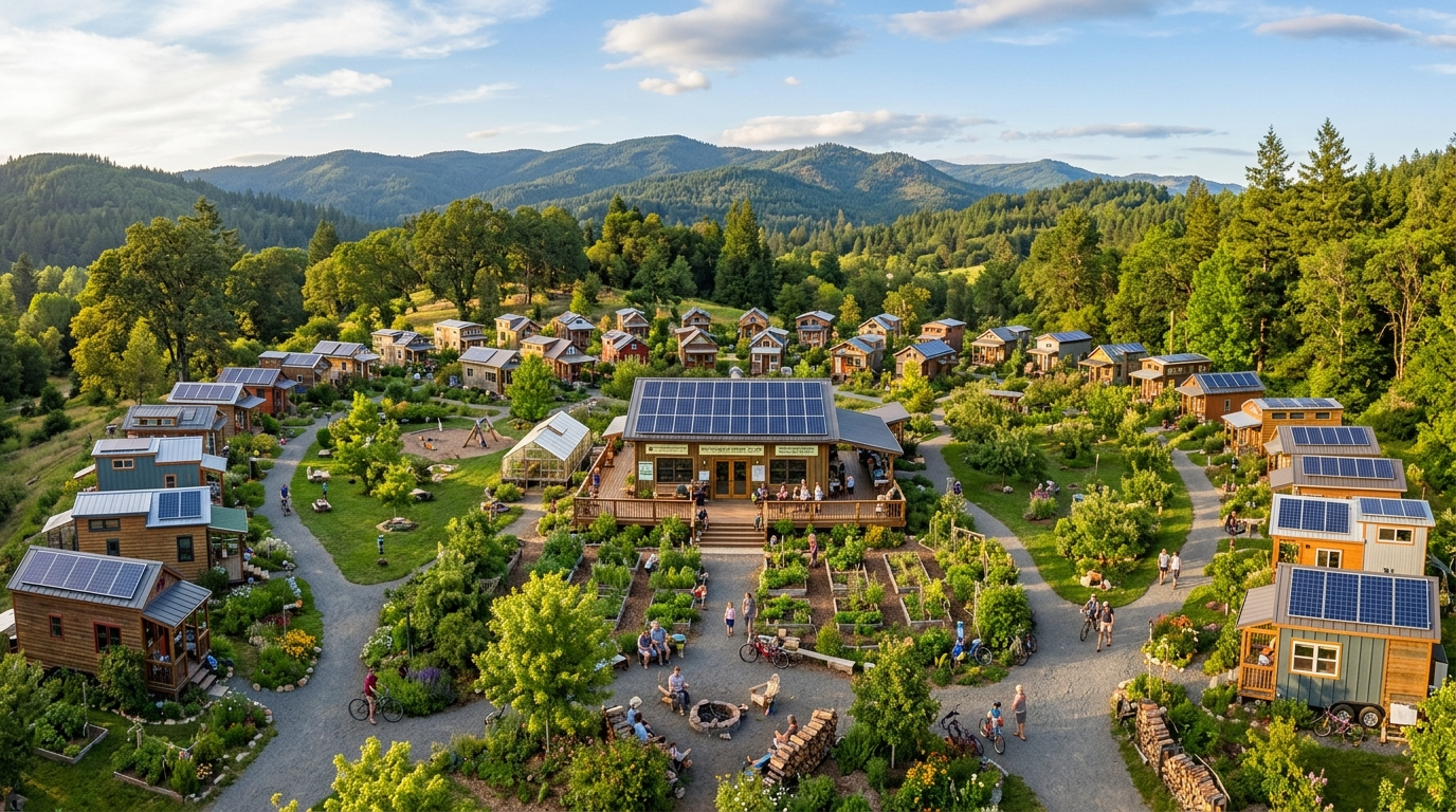Panoramic view of tiny house community with co-op networks, solar panels, and shared green spaces.