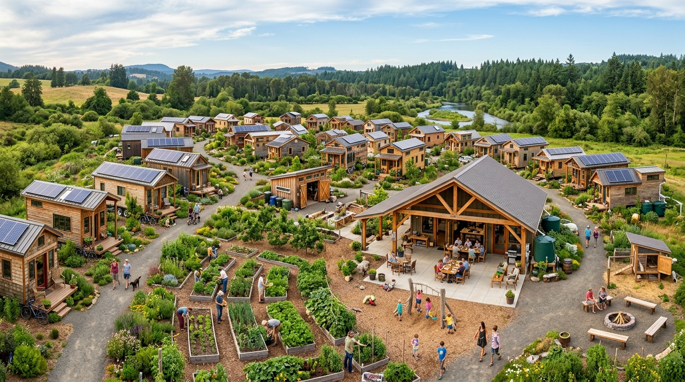 Panoramic view of tiny house community with shared gardens and spaces.