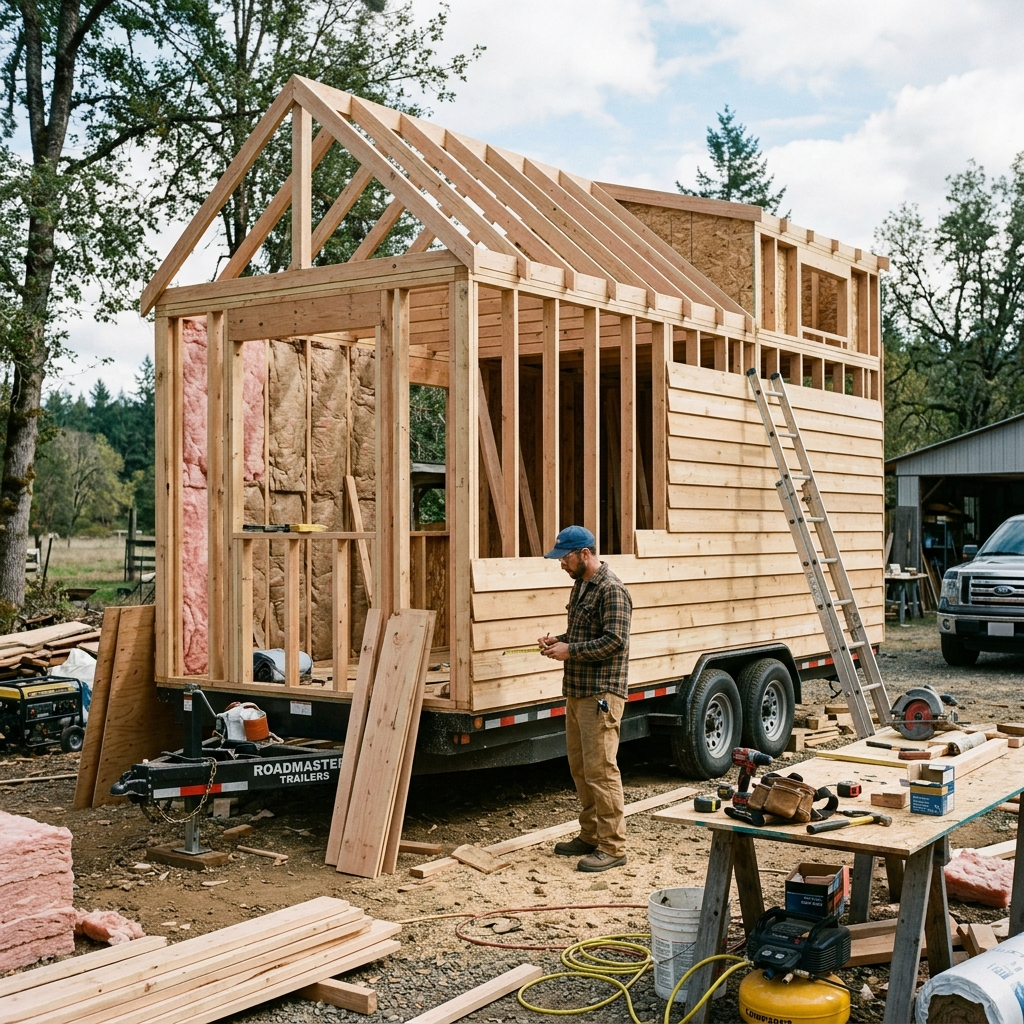 Partially built tiny house shell on a trailer with tools and materials, highlighting customization potential.