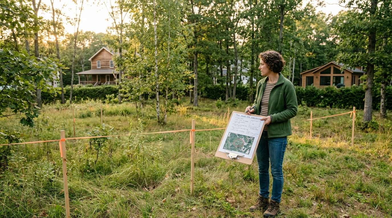 Person inspecting land for a tiny house surrounded by trees.
