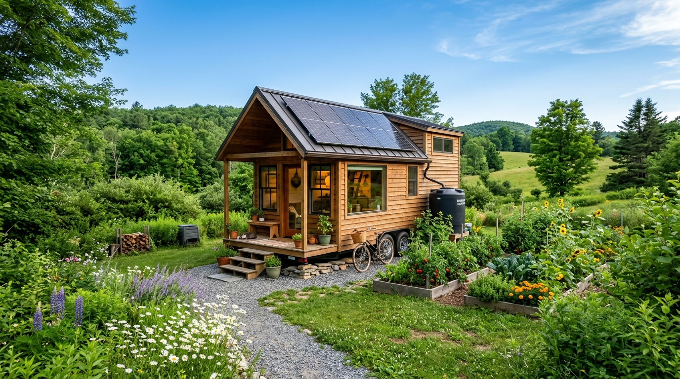 Tiny house on a rural plot with solar panels and sustainable features surrounded by greenery.