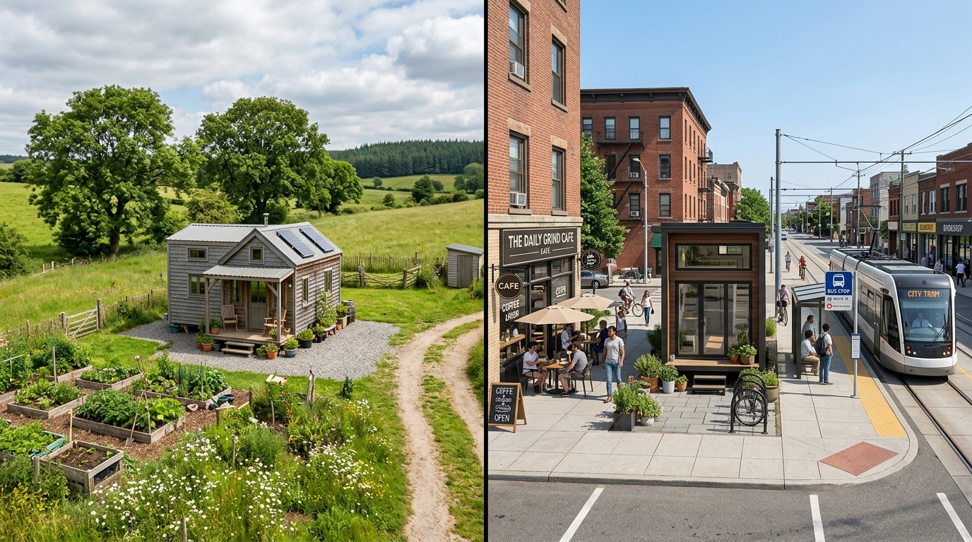 Comparison of rural and urban tiny house locations with distinct surroundings.