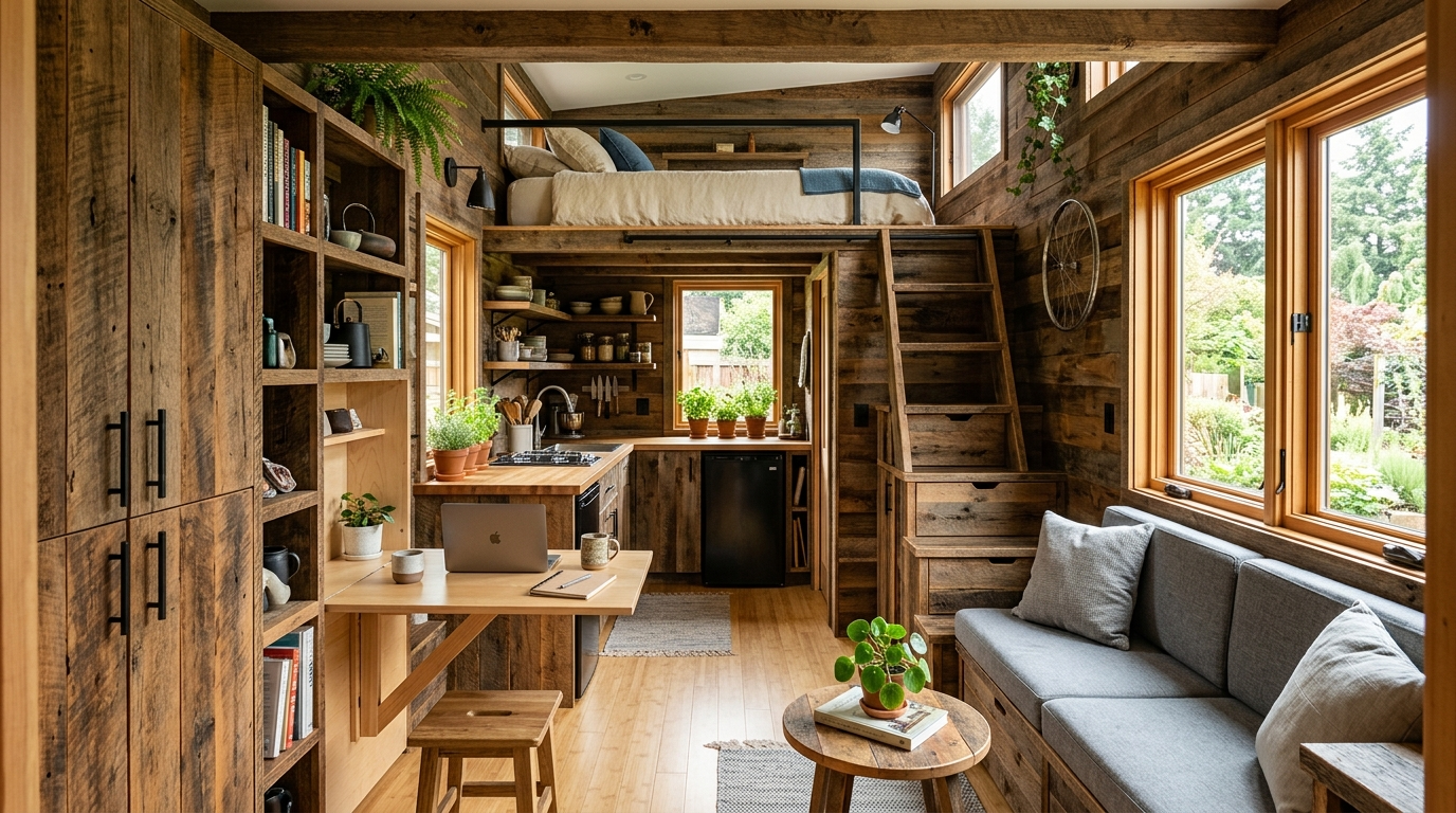Tiny house interior with loft, fold-down workspace, and vertical storage.