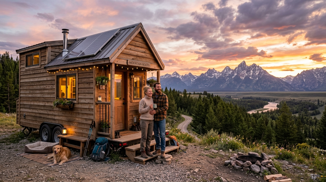 Couple beside their tiny house on wheels in a scenic mountain location at sunset.