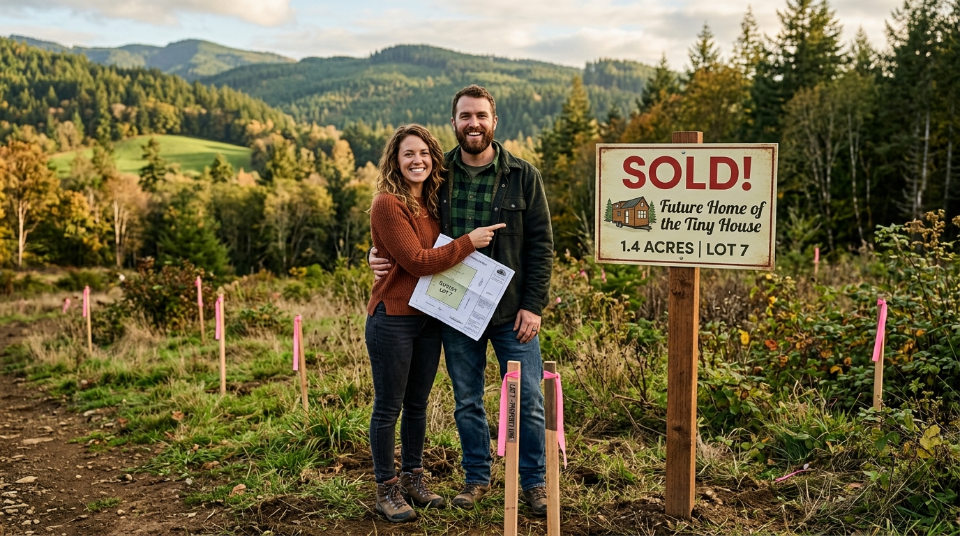 Couple standing on their newly purchased tiny house plot with survey markers and natural surroundings.