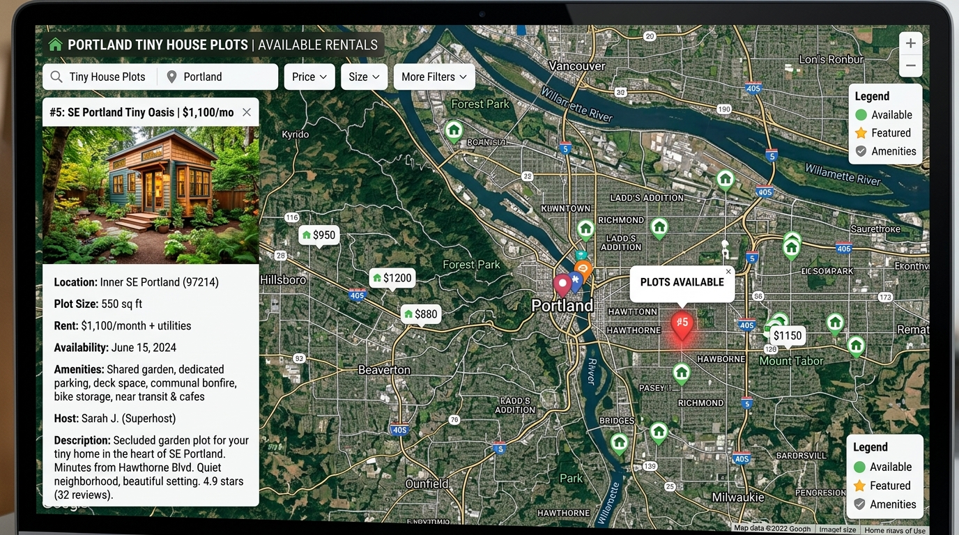 Digital map interface showing tiny house rental plots near Portland with property details.