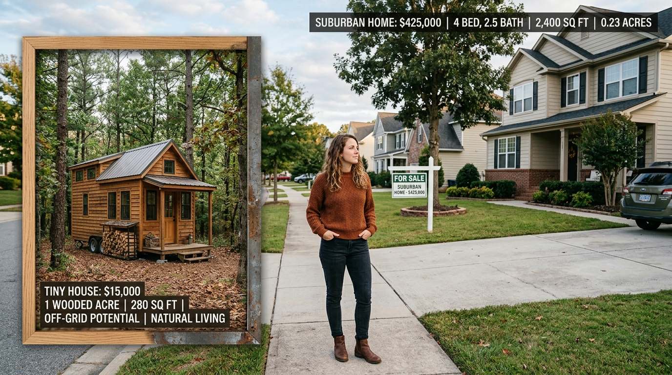 Person reflecting on suburban home cost versus tiny house affordability.