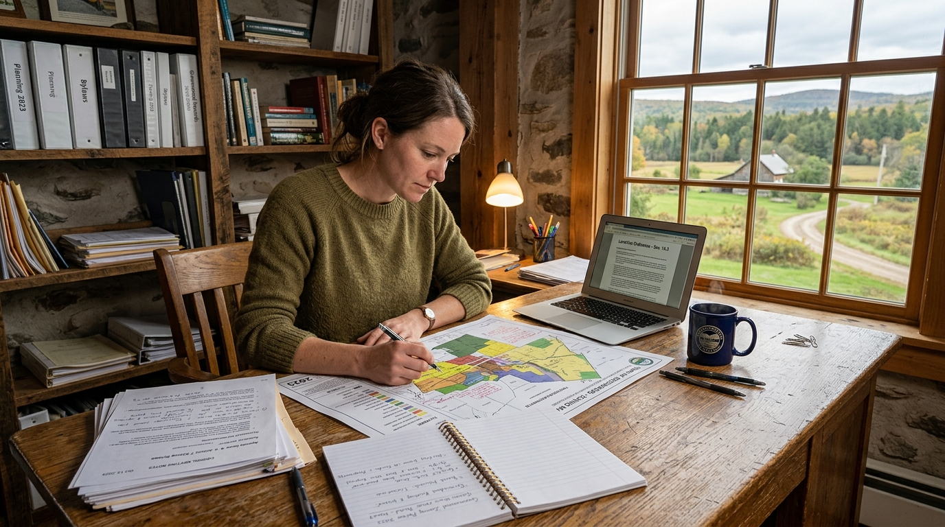 Person researching zoning maps for tiny house land at a rustic desk.
