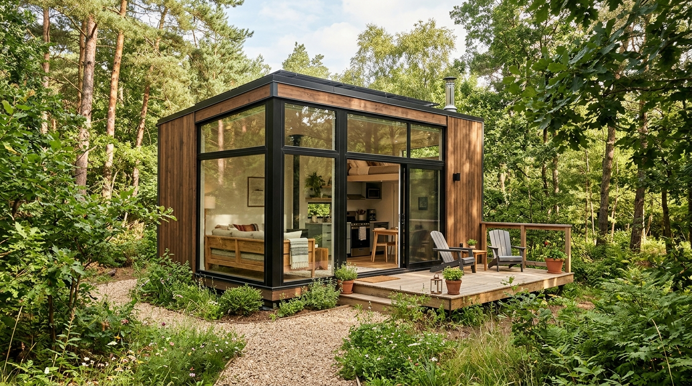 Tiny house with floor-to-ceiling glass panels in a natural setting.