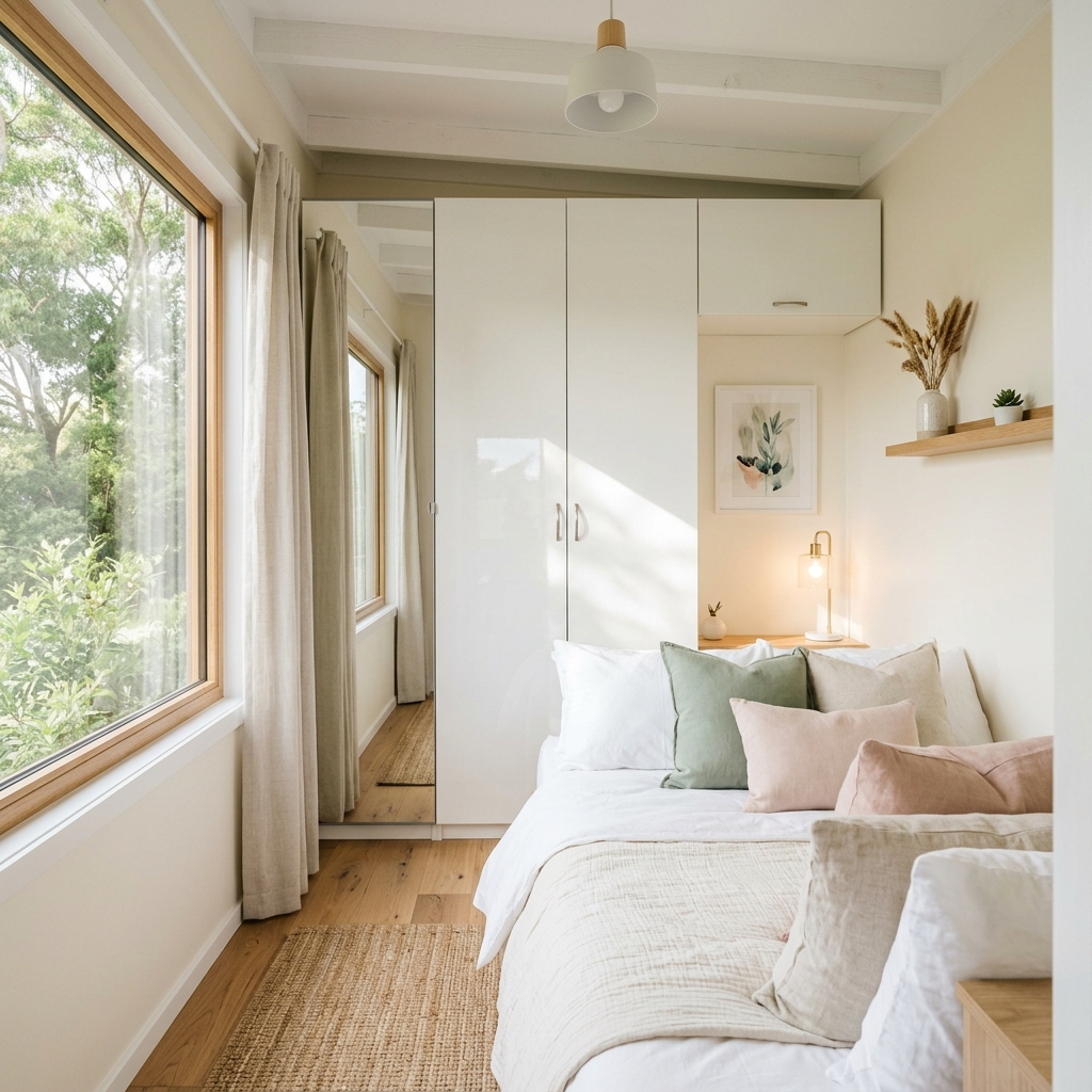 Tiny house bedroom with light colors and reflective finishes for spaciousness.