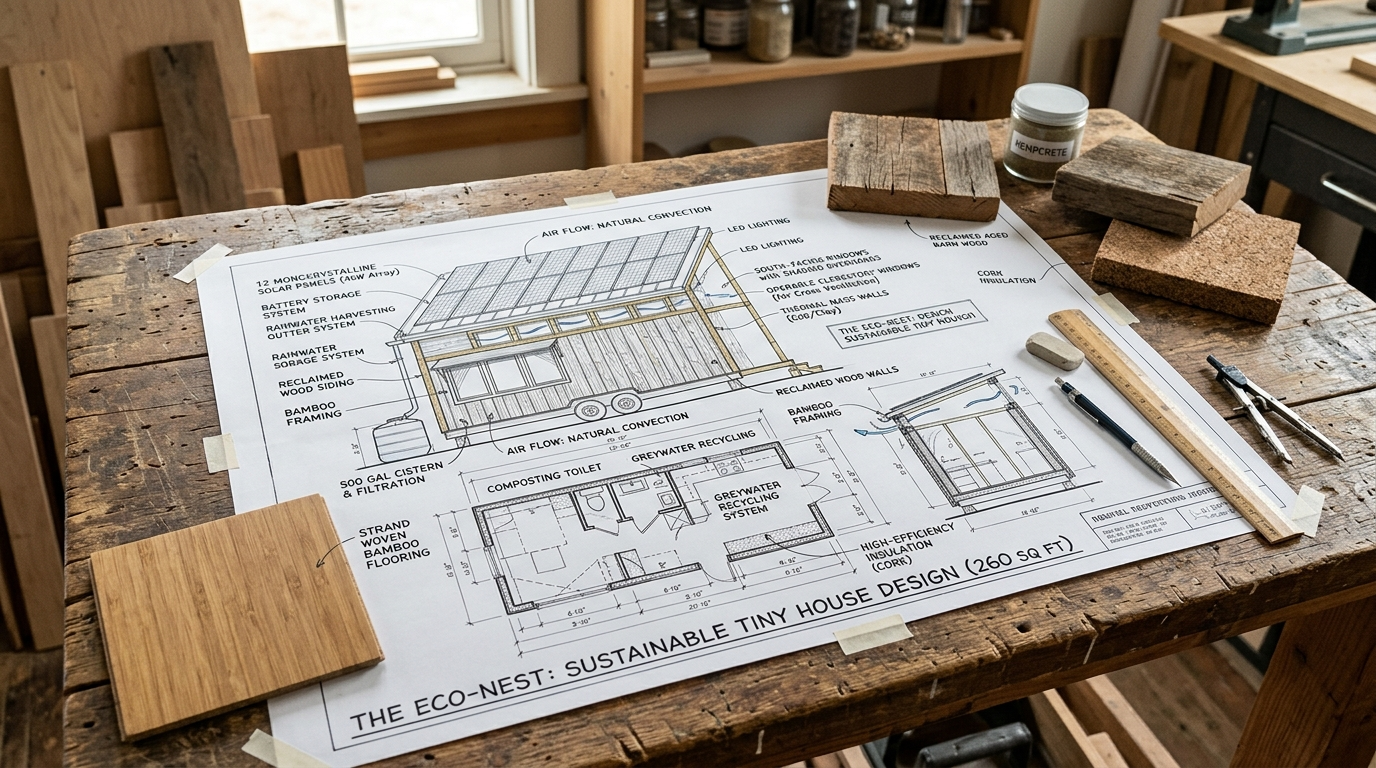 Tiny house blueprint with solar panels, rainwater systems, and eco-friendly materials, showcasing sustainable design.