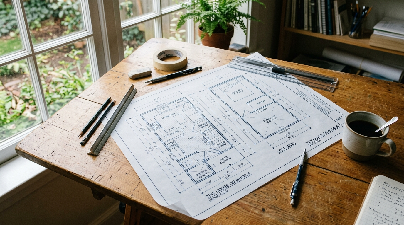 Tiny house blueprint on a wooden table with drafting tools and coffee, highlighting detailed floor plans.