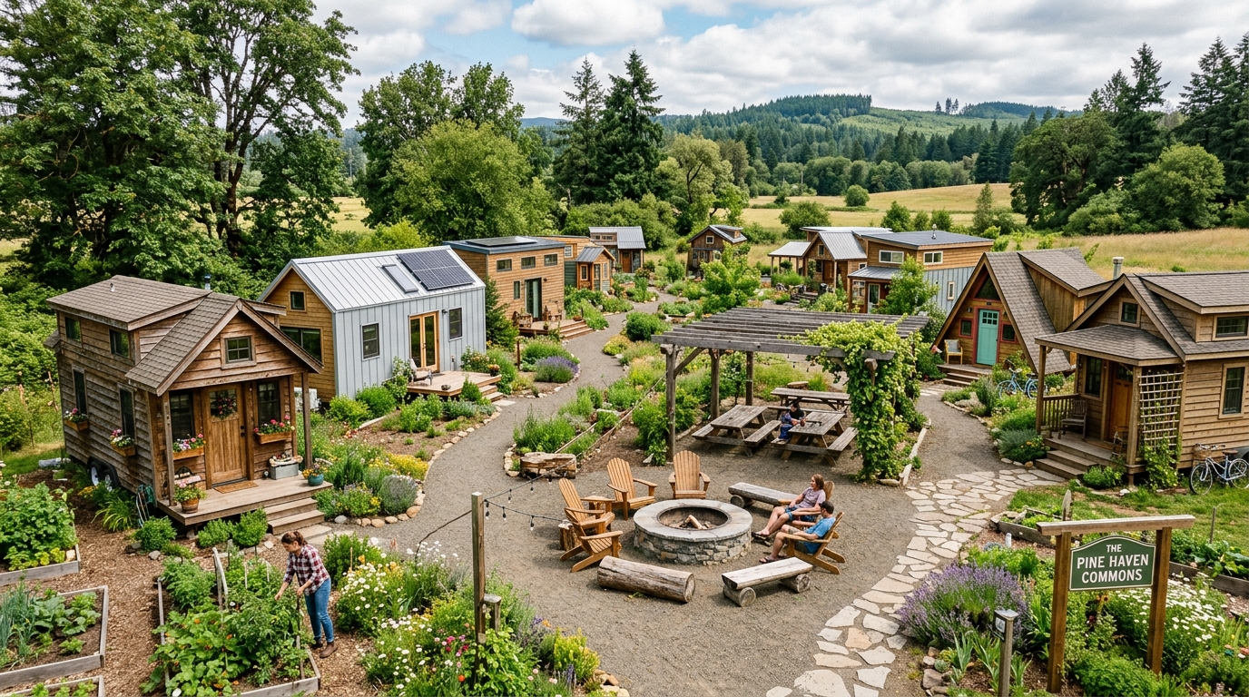 Tiny house community in a rural area with communal spaces and gardens.
