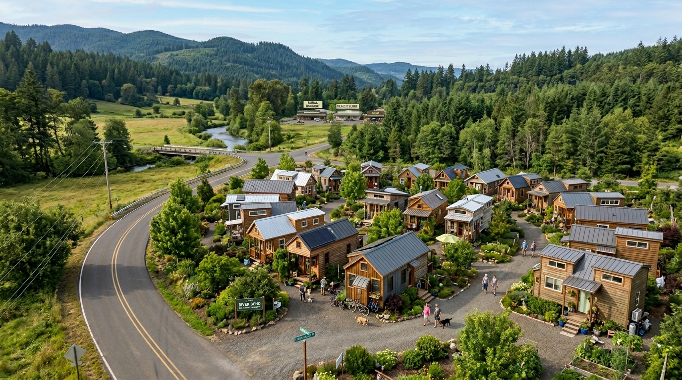 Tiny house community near essential amenities in a rural area.