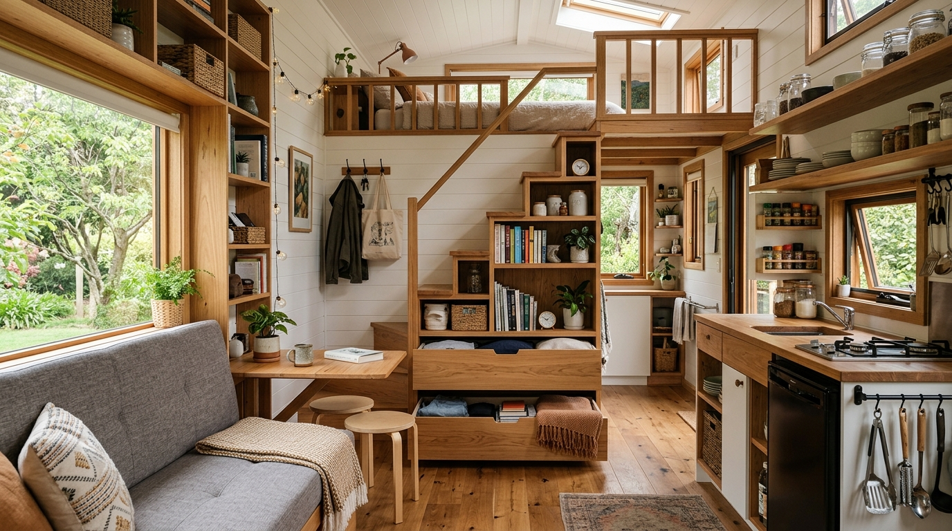 Tiny house interior with creative storage solutions and efficient use of space.