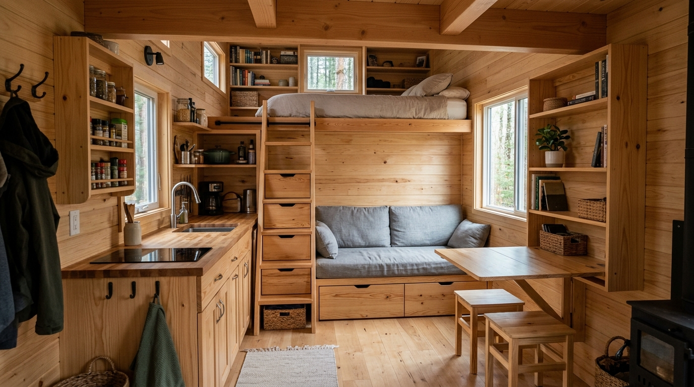 Tiny house interior with built-in cabinets, loft storage, and foldable furniture, emphasizing space efficiency.