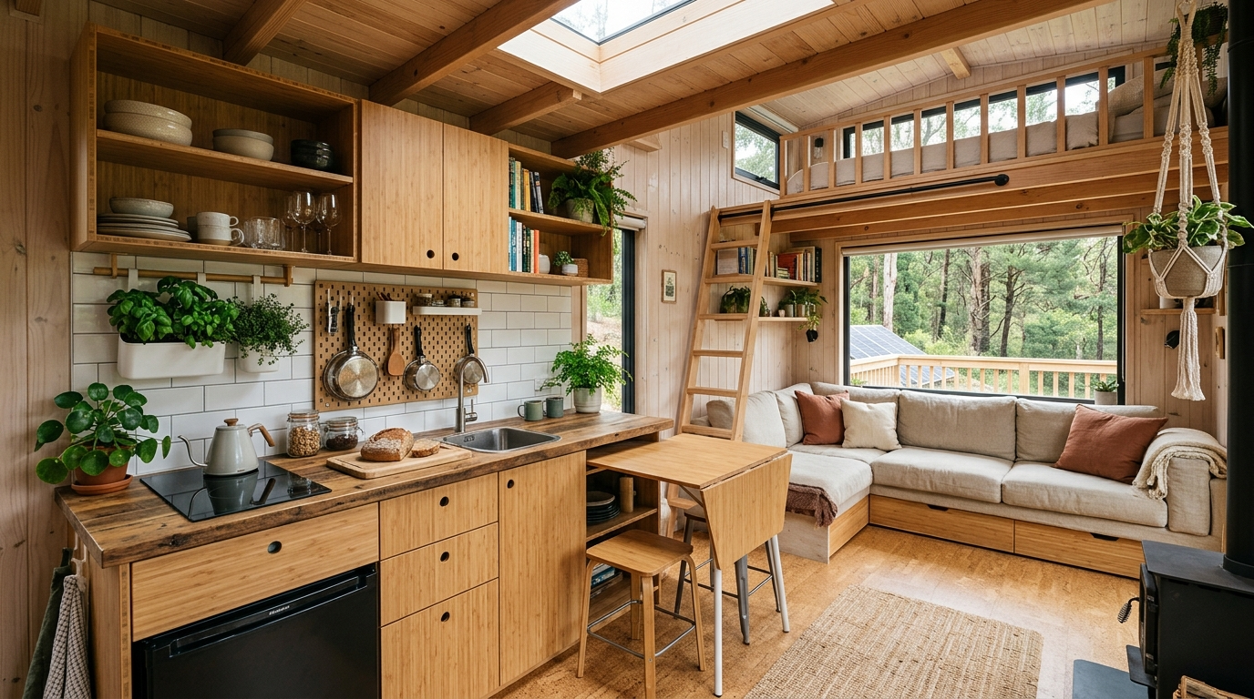 Tiny house interior with modular kitchen upgrades and sustainable design elements.