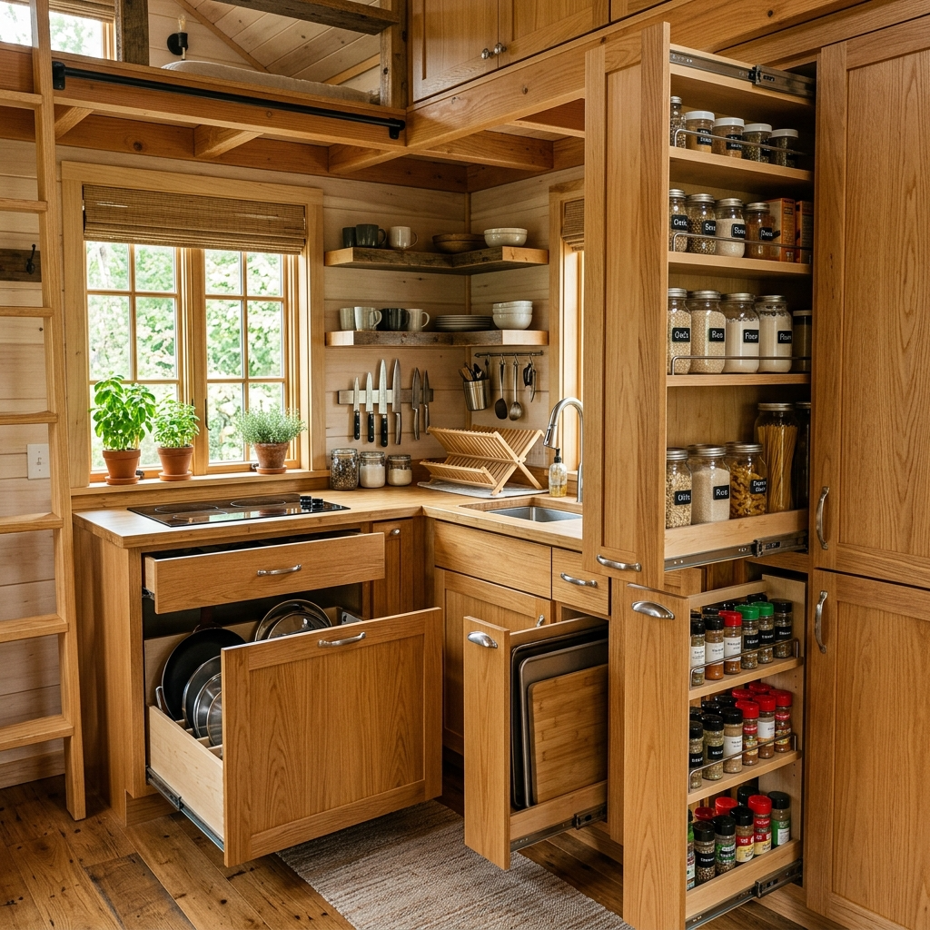 Tiny house kitchen with innovative storage solutions and natural materials.