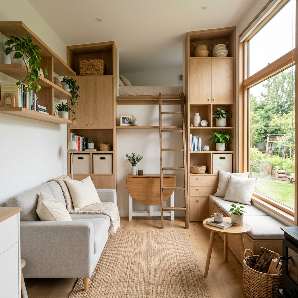 Living room in a tiny house with built-in shelving and modular storage.