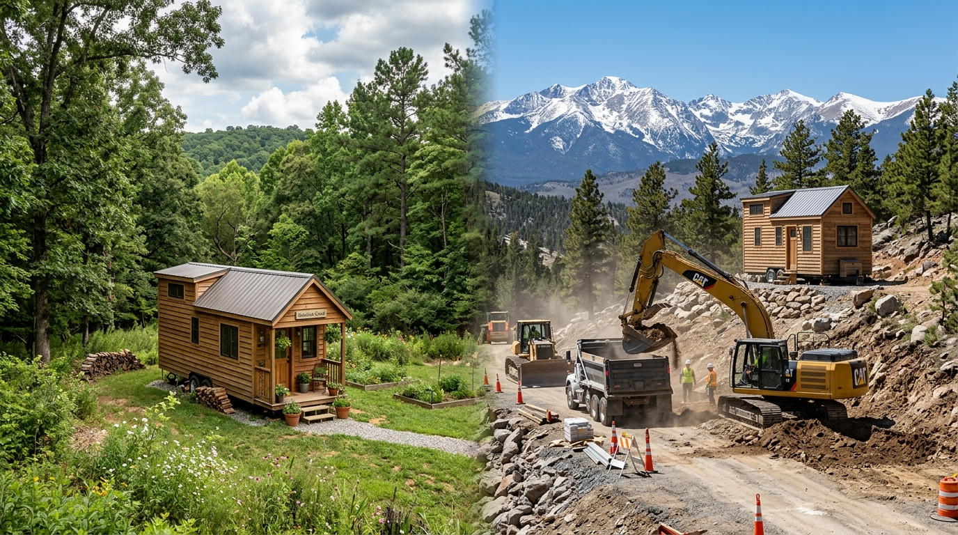 Tiny house on rural Arkansas plot vs. Colorado mountain plot with road construction equipment.