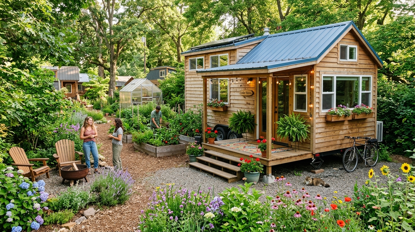 Tiny house on wheels parked in a backyard surrounded by trees and flowers.