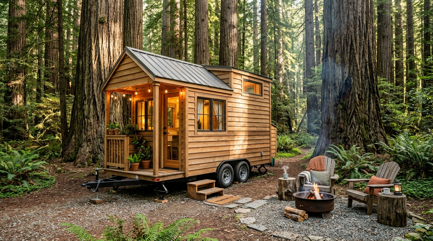 Mobile tiny house parked near redwood forest with outdoor seating.