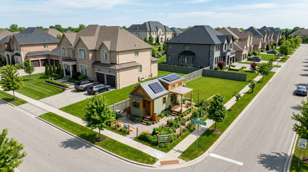 A tiny house surrounded by large single-family homes, showing zoning restrictions.