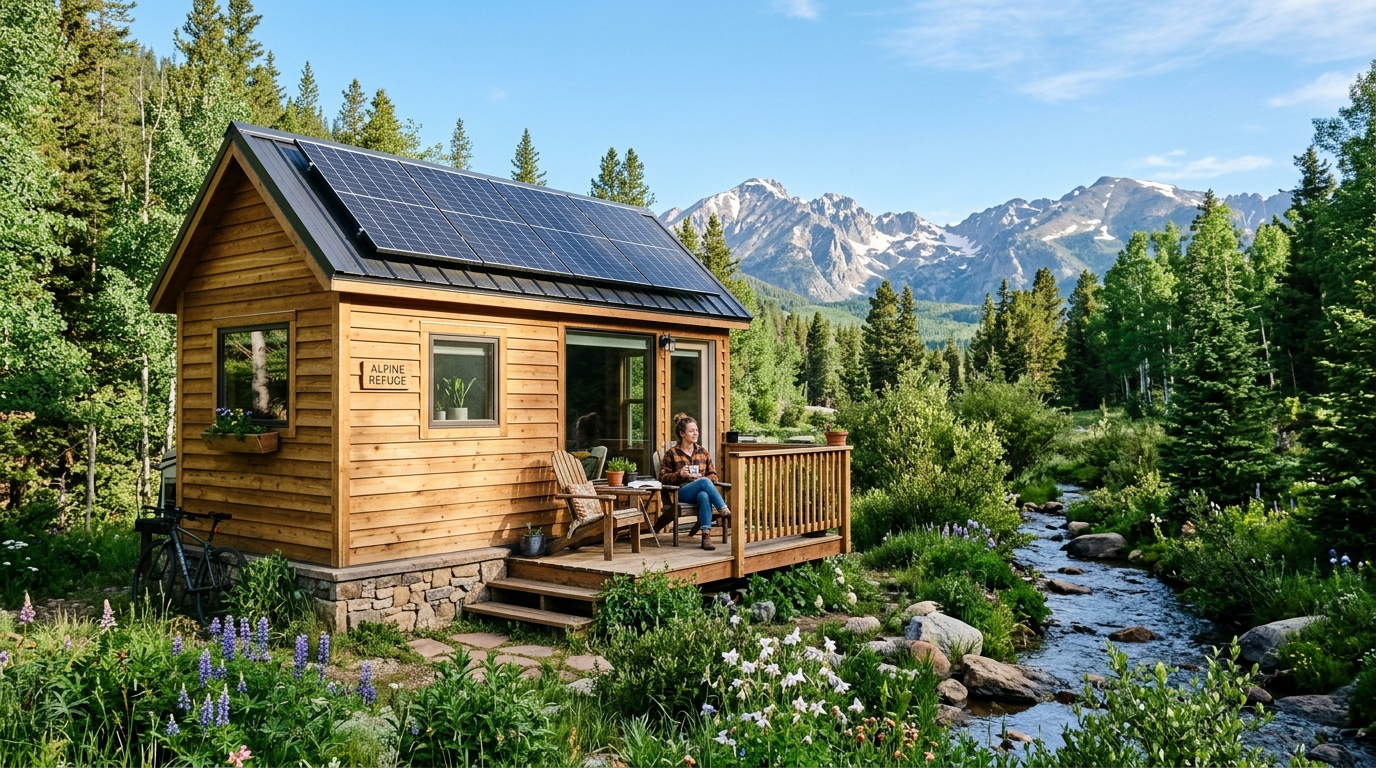 Tiny solar-powered house in Colorado foothills surrounded by nature.